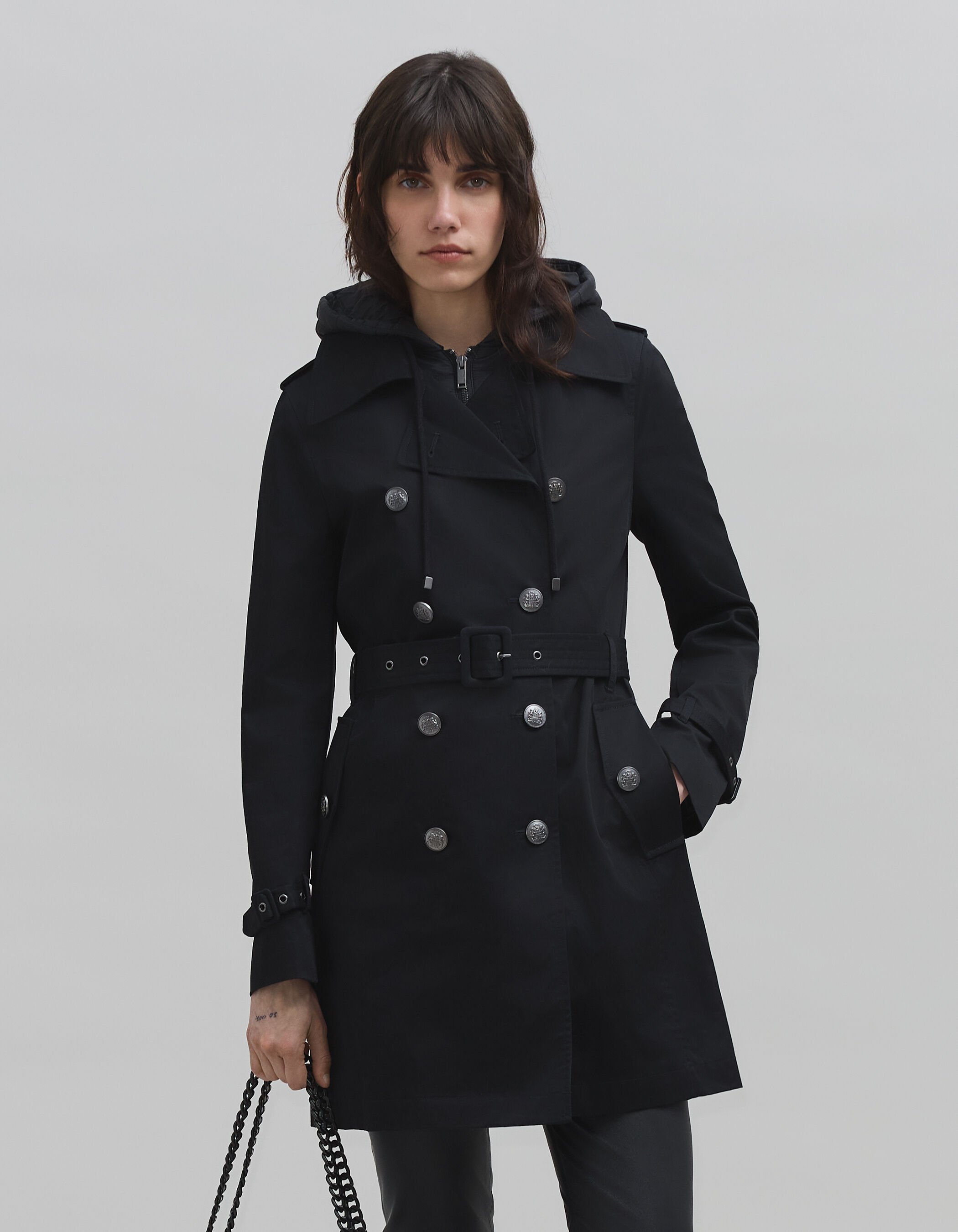 Rachel double breasted long new arrivals trench coat with detachable hood