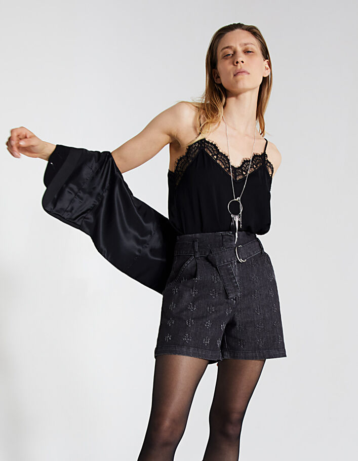 Short talle alto en denim gris cinturón amovible mujer-1