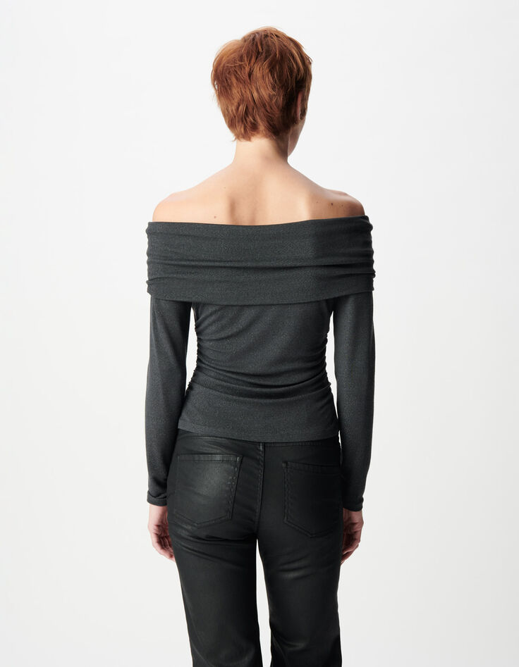 Graues Damen-T-Shirt mit Paillettenbesatz und Bustier-Ausschnitt-3