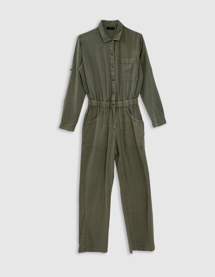 Women's elasticated waist soft khaki denim jumpsuit-6
