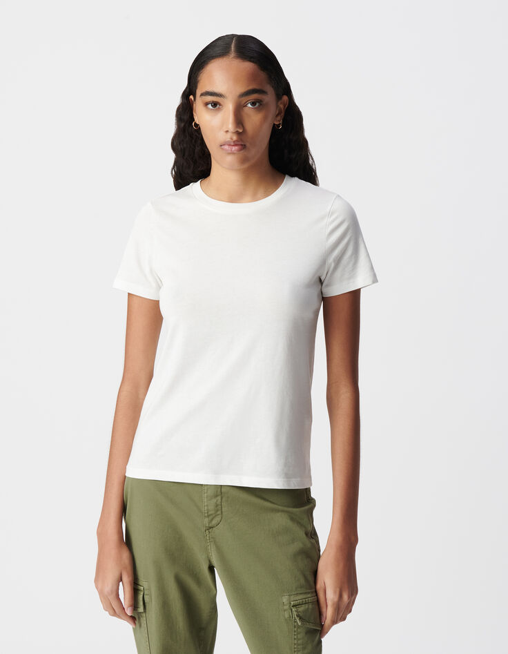 Tee-shirt écru col rond broderie chevrons dos Femme-1