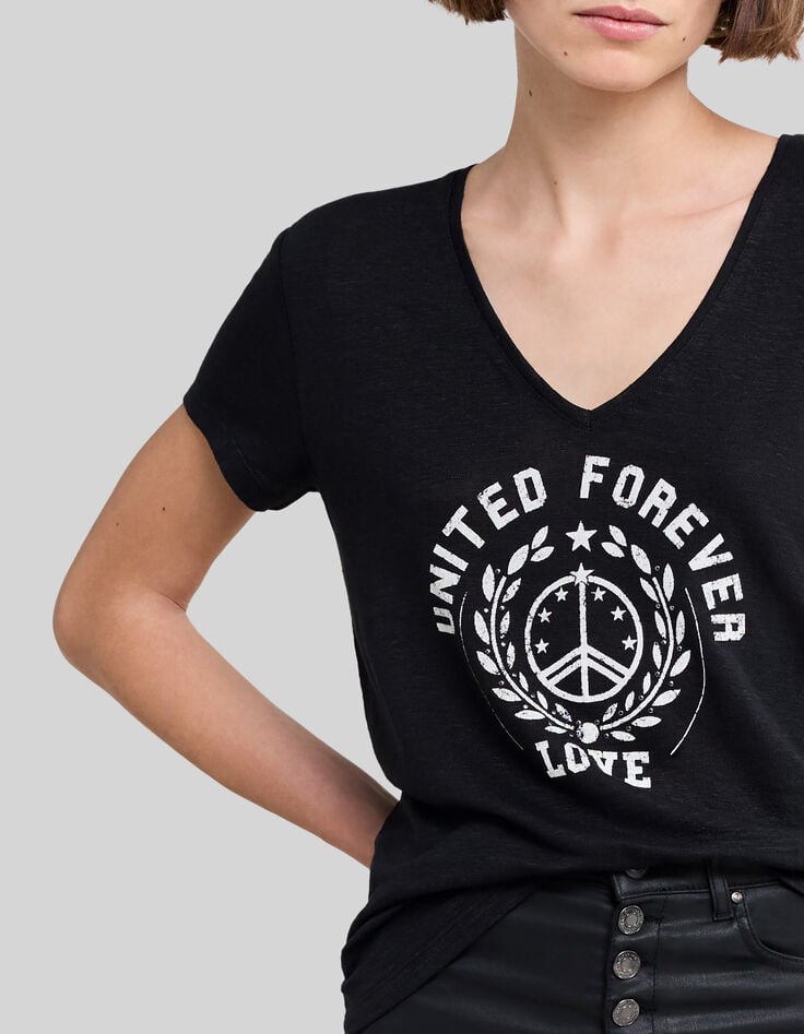 Tee-shirt noir visuel blason symbole paix Femme-4
