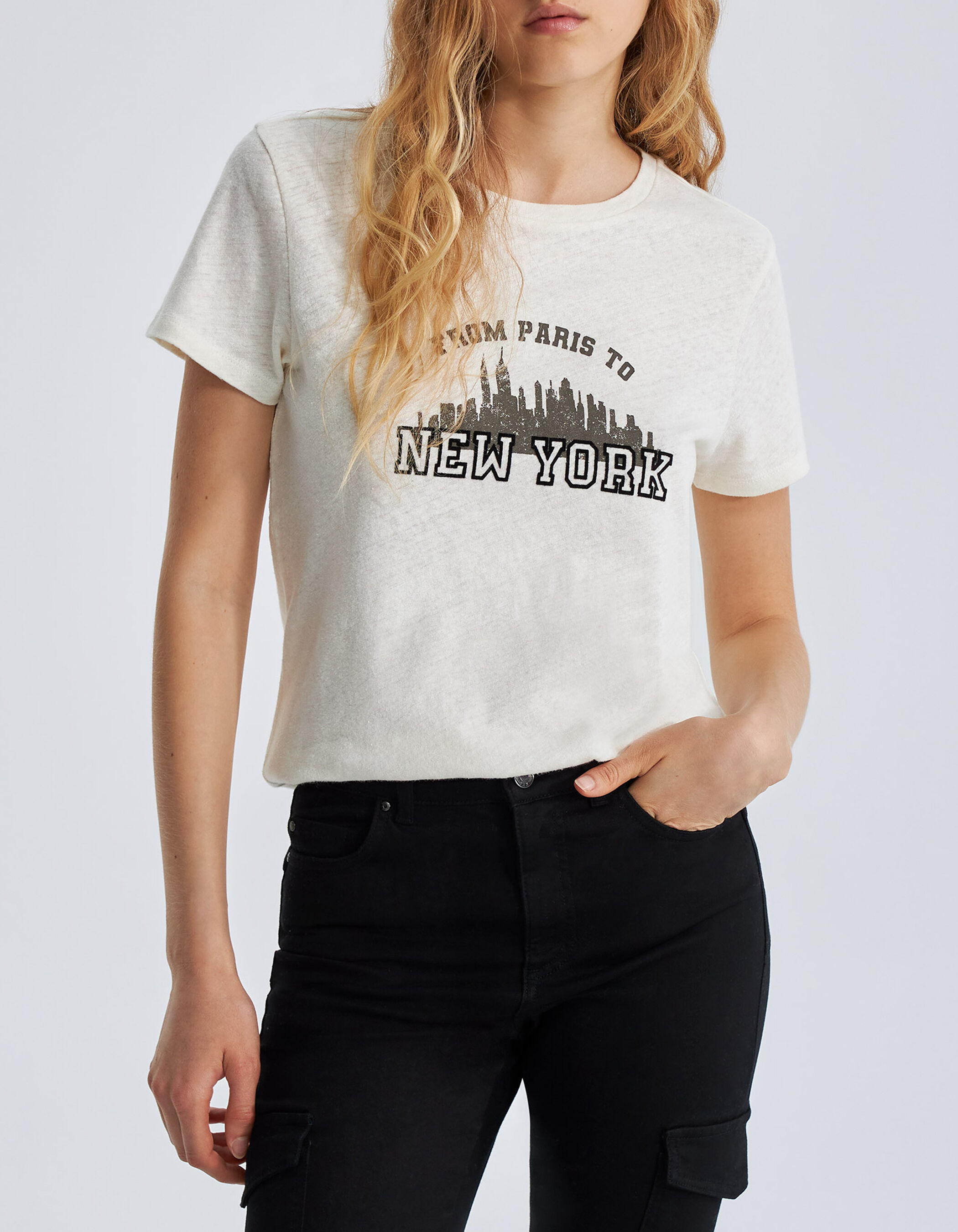 Ivoor T shirt in katoen en linnen met tekst Dames