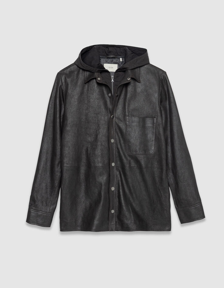 Sobrecamisa de cuero marr&oacute;n con capucha desmontable Hombre-7