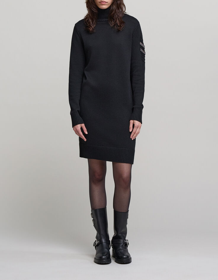 Black beaded shoulder funnel neck knitted dress-5