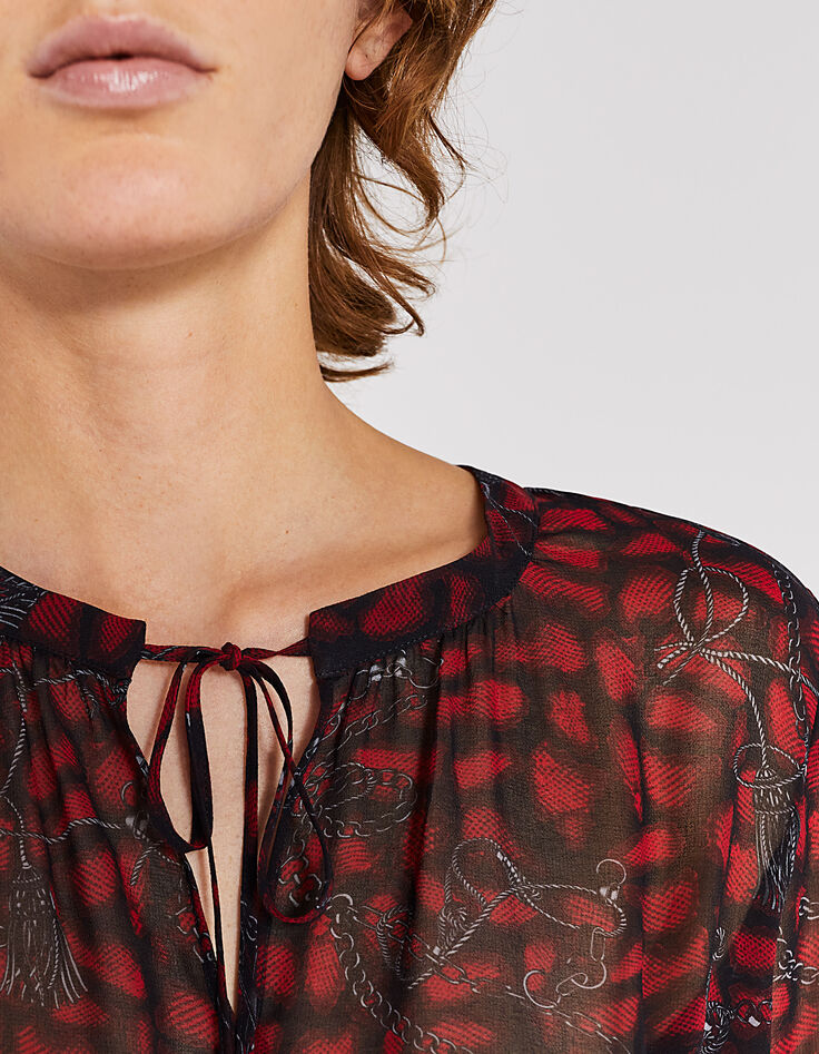 Langes Damenkleid aus voile, Red-Snake-und-Ketten-Print-1