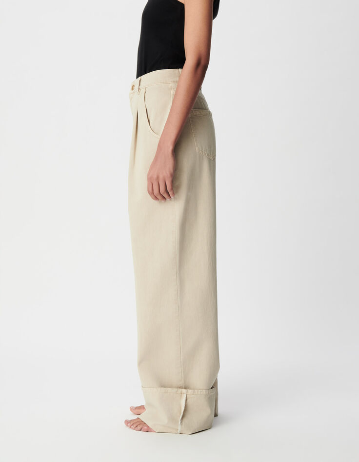 Mujer vaqueros beige de talle alto y pierna ancha-5