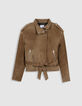 Blouson cuir velours beige &agrave; ceinturer Femme-7