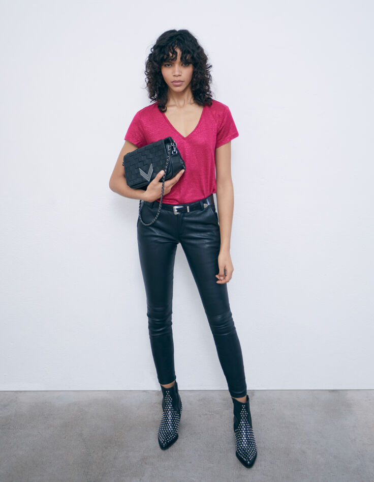 Women’s redcurrant iridescent linen V-neck T-shirt-5 Women’s redcurrant iridescent linen V-neck T-shirt-5