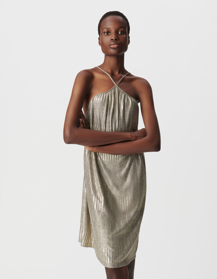 Goldfarbenes Kleid aus Metallic-Rippstrick für Damen-3