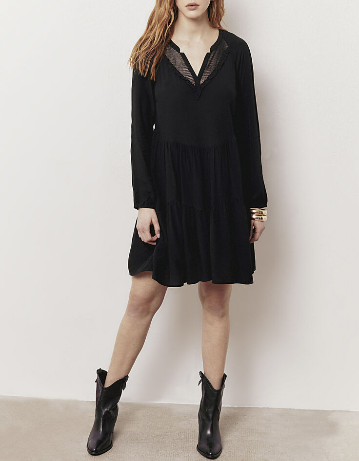 Vestido ancho negro rejilla y volantes mujer-6