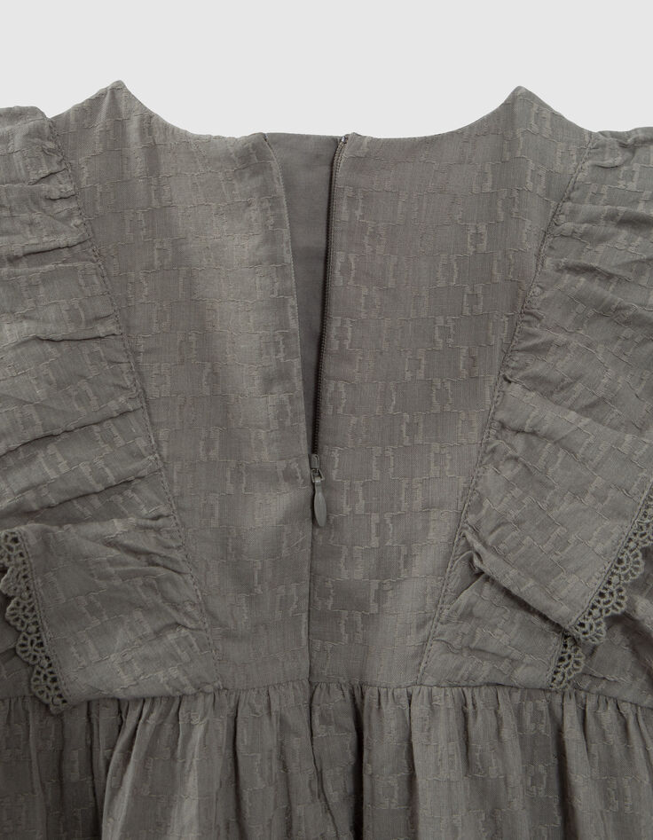 Khaki Mädchenkleid mit Jacquard und Rüschenärmeln-5