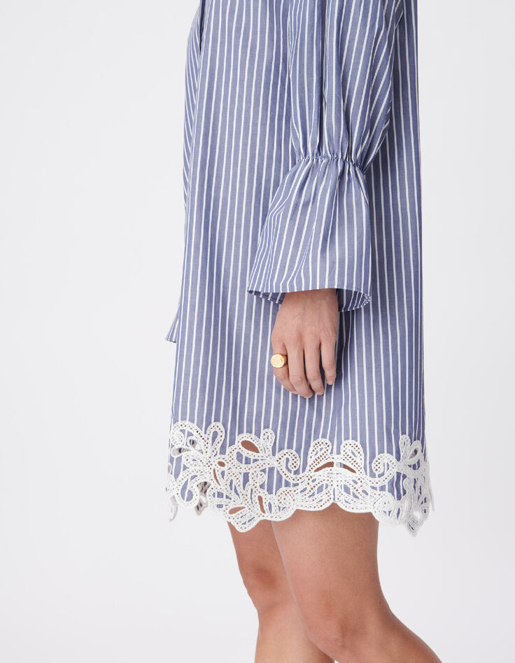 Blue striped shirt dress with lace for women-5