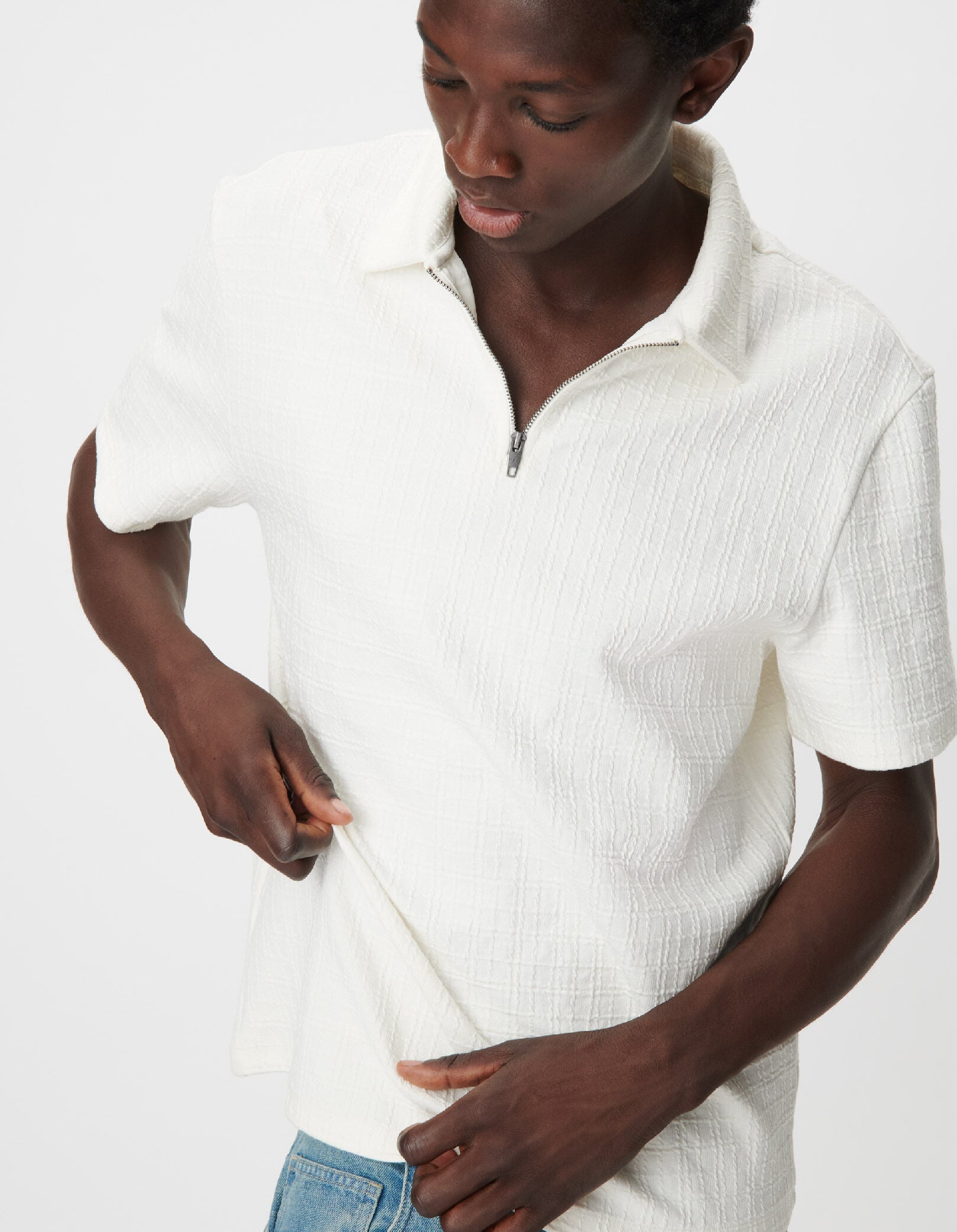 Men's white jacquard plaid zip polo shirt IKKS