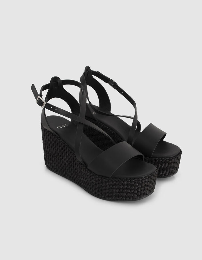 Women’s black leather raffia heel wedge sandals - IKKS