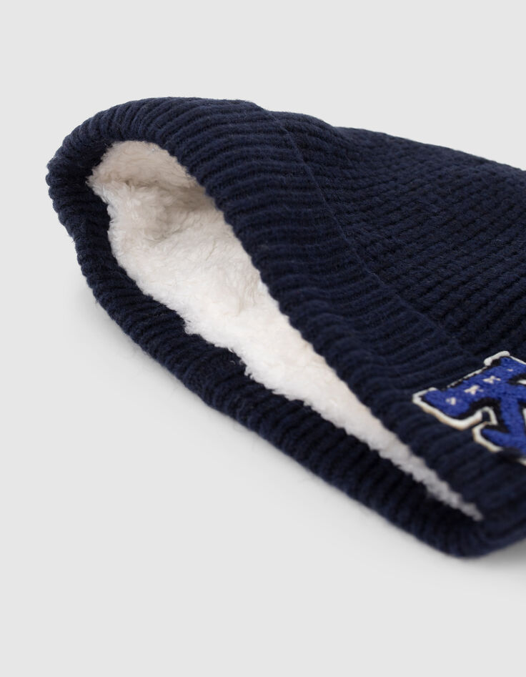 Bonnet marine tricot badge bouclette garçon-5