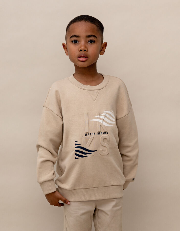 Sweat beige logo embossé et motifs rayures garçon-1