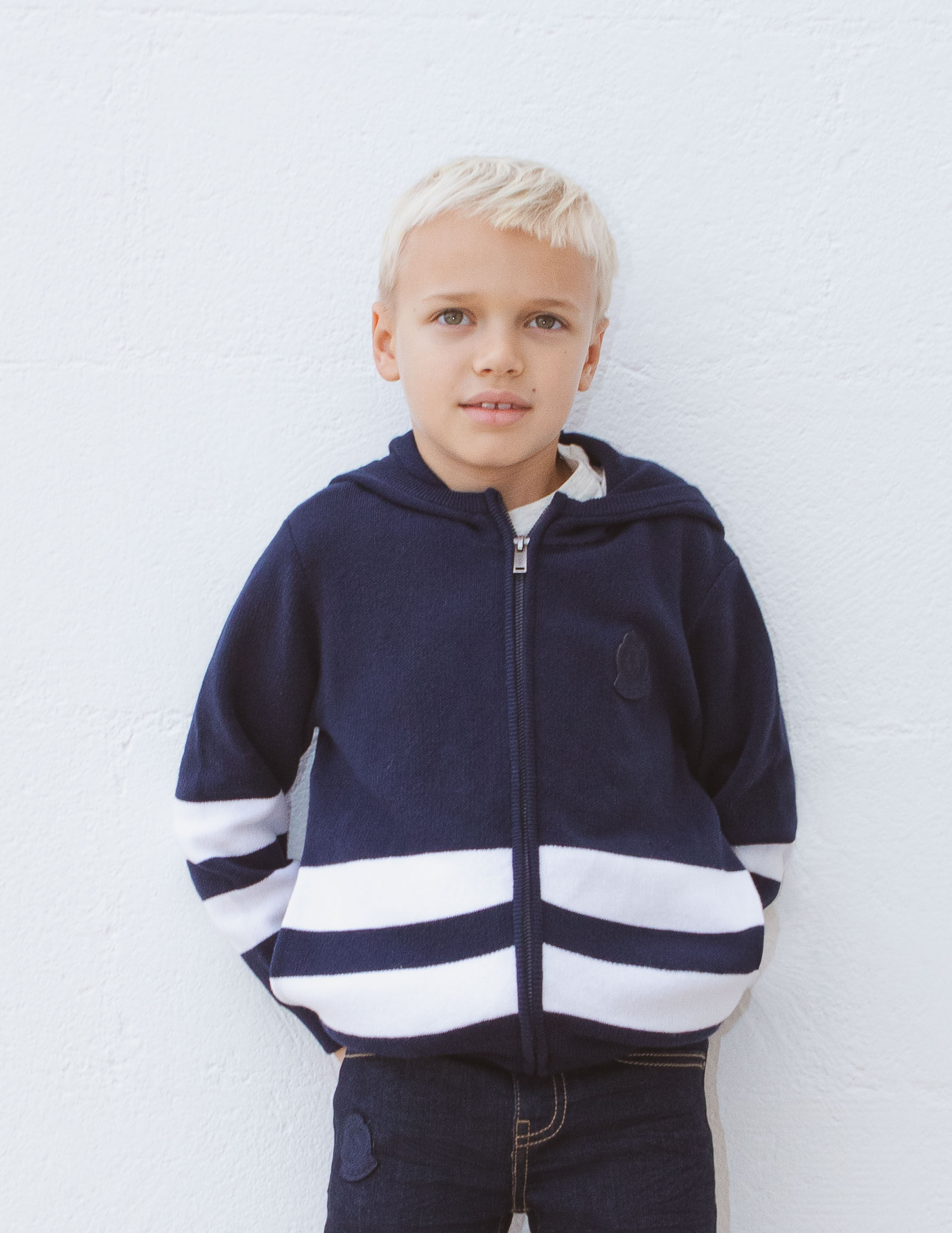 Boys navy knit cardigan with white stripes IKKS