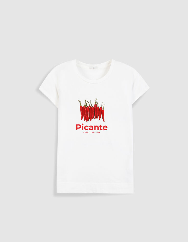 Tee-shirt col rond blanc visuel piments et messages Femme-5