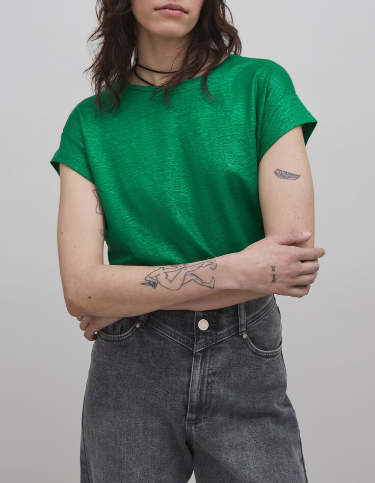 Camiseta verde de punto de lino para mujer-2