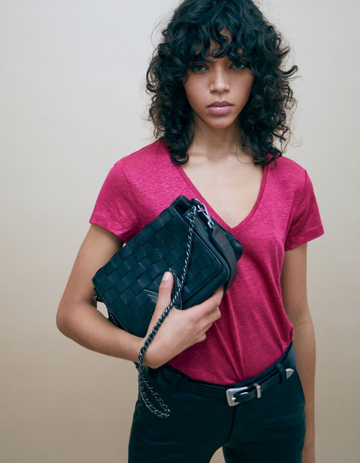 Women’s redcurrant iridescent linen V-neck T-shirt-6 Women’s redcurrant iridescent linen V-neck T-shirt-6