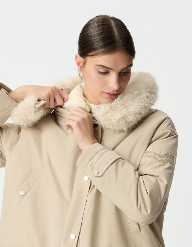 Parka oversize beige à capuche fourrée Femme-6