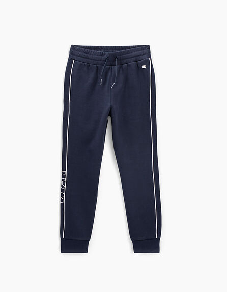 Boys navy sweatshirt fabric trousers with side piping