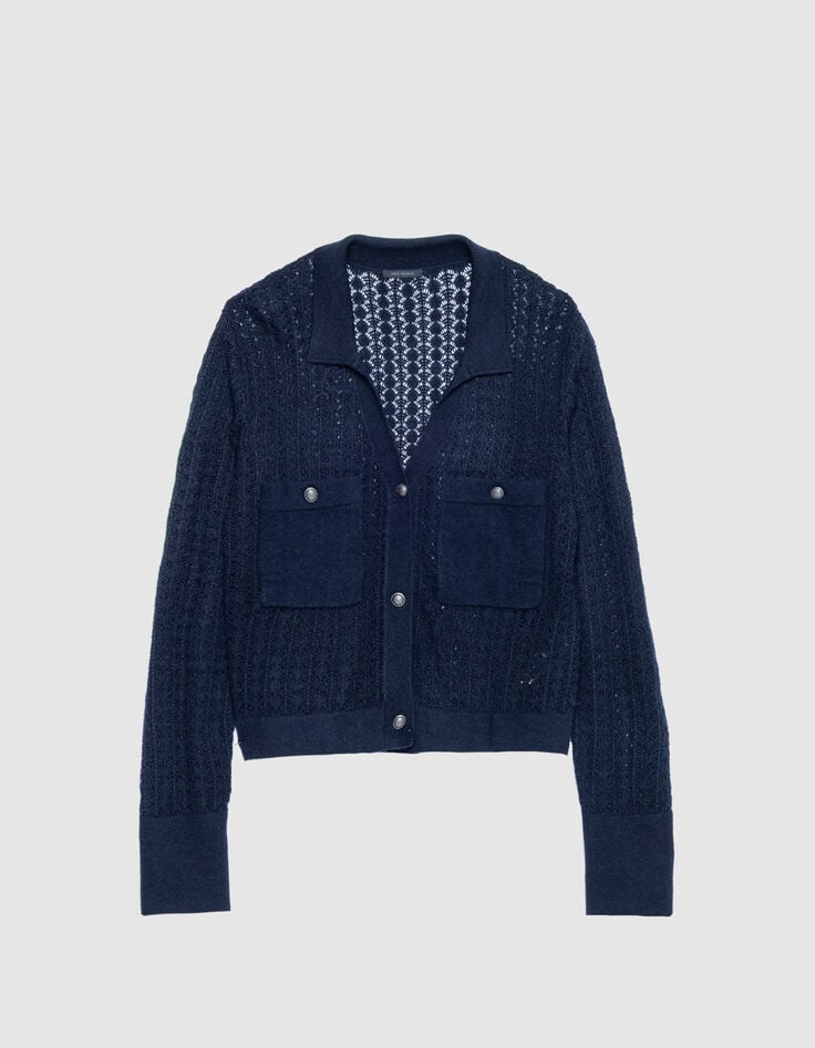 Cardigan court marine tricot fantaisie ajour&eacute; Femme-6