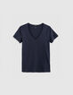 Camiseta de mujer azul marino con cuello en V y espalda bordada en espiga-4