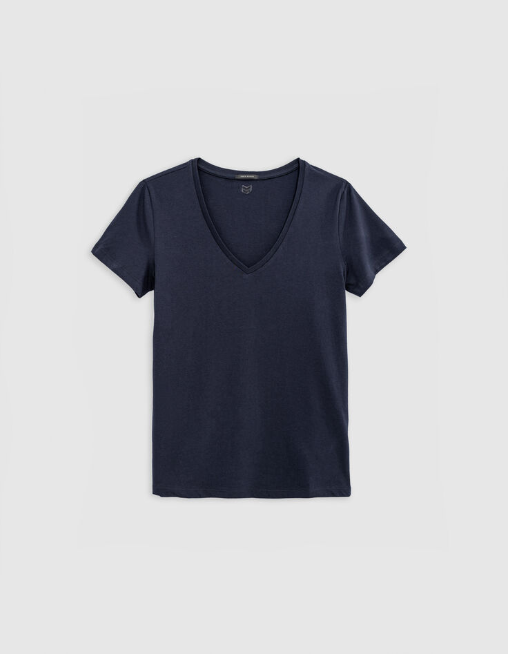 Camiseta de mujer azul marino con cuello en V y espalda bordada en espiga-4