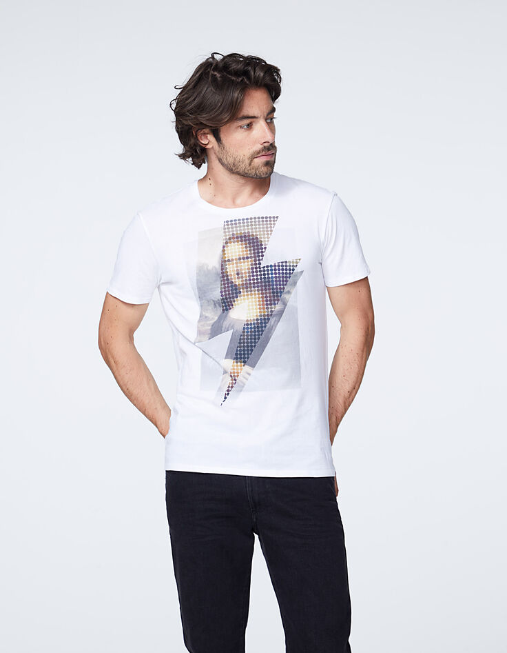 Men’s white T-shirt with Mona Lisa under lightning -2