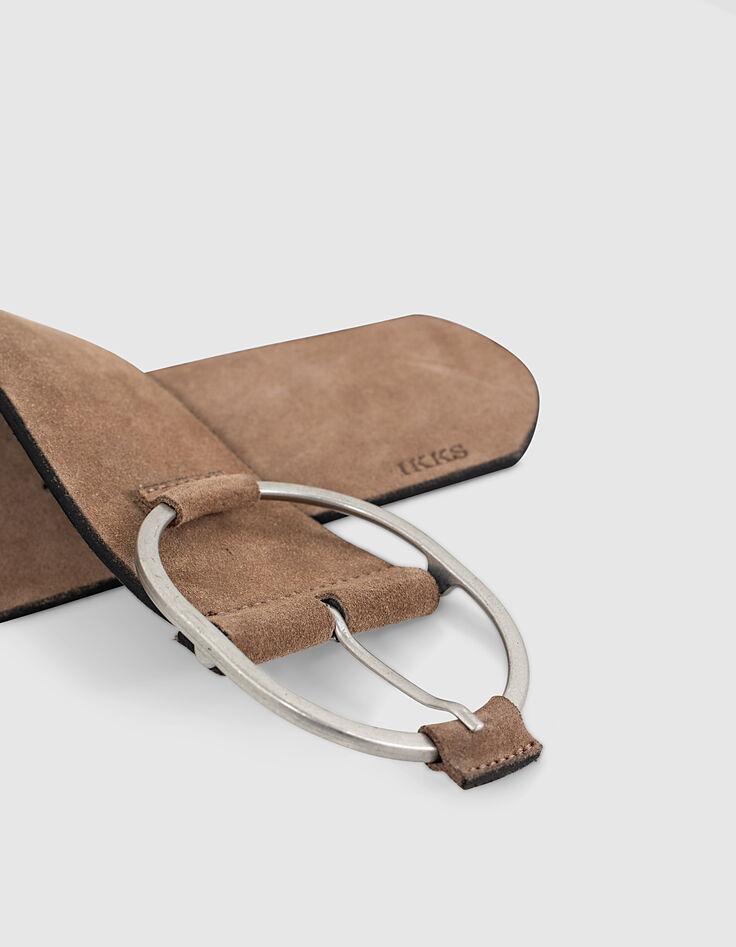 Ceinture large en cuir beige effet daim femme-3