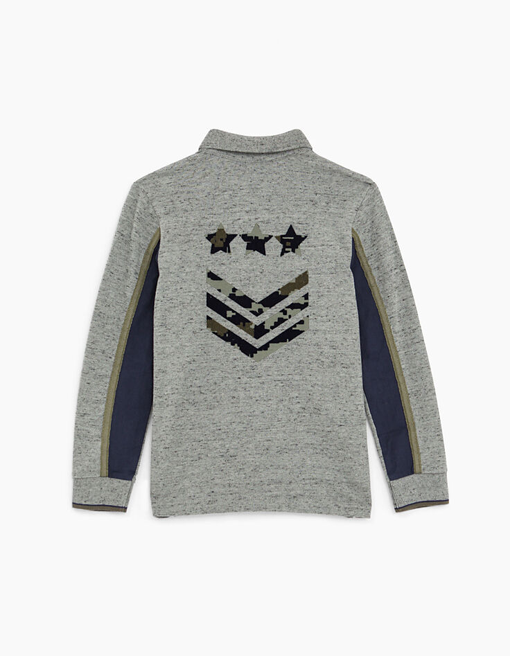 Boys’ dark grey marl polo shirt with army stripes on back-3 Boys’ dark grey marl polo shirt with army stripes on back-3