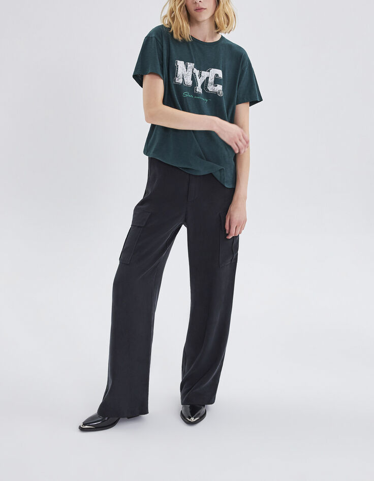 Camiseta verde pato mensaje tachuelas mujer-2