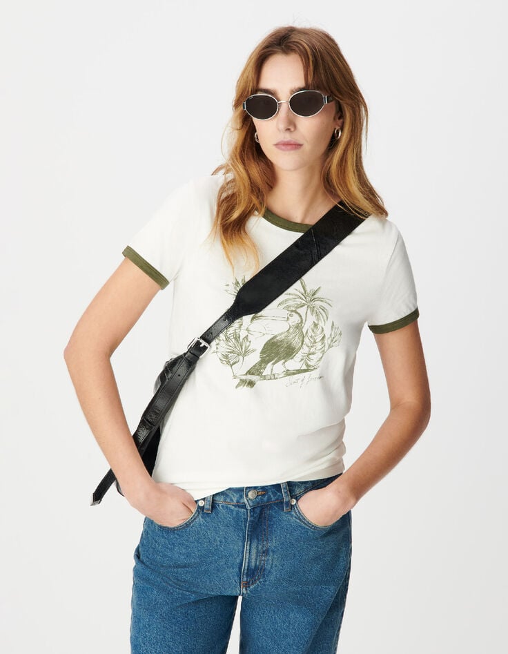 Tee-shirt manches courtes &eacute;cru visuel oiseau kaki Femme-2