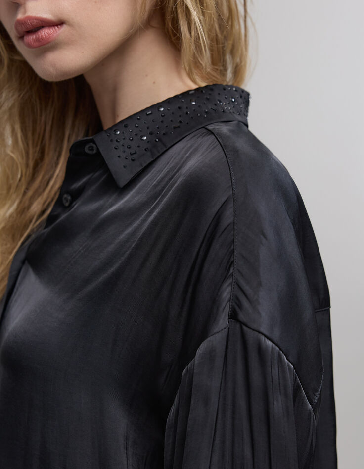 Camisa de mujer de satén negro cuello y puños de strass-5 Camisa de mujer de satén negro cuello y puños de strass-5