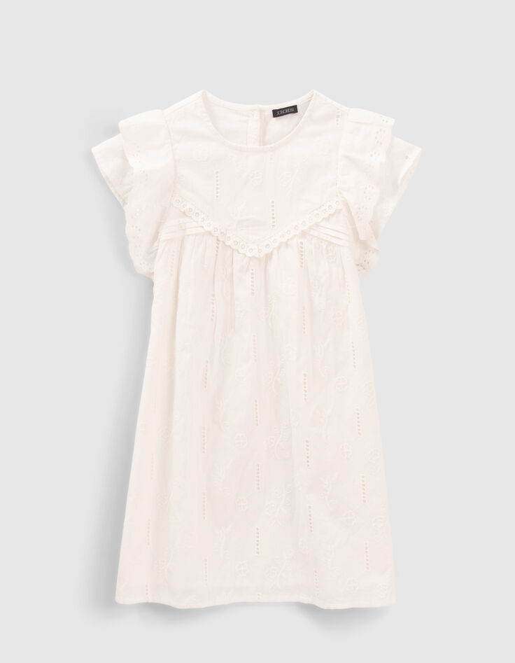 Cremewei&szlig;es M&auml;dchenkleid mit Spitze und Stickerei-1