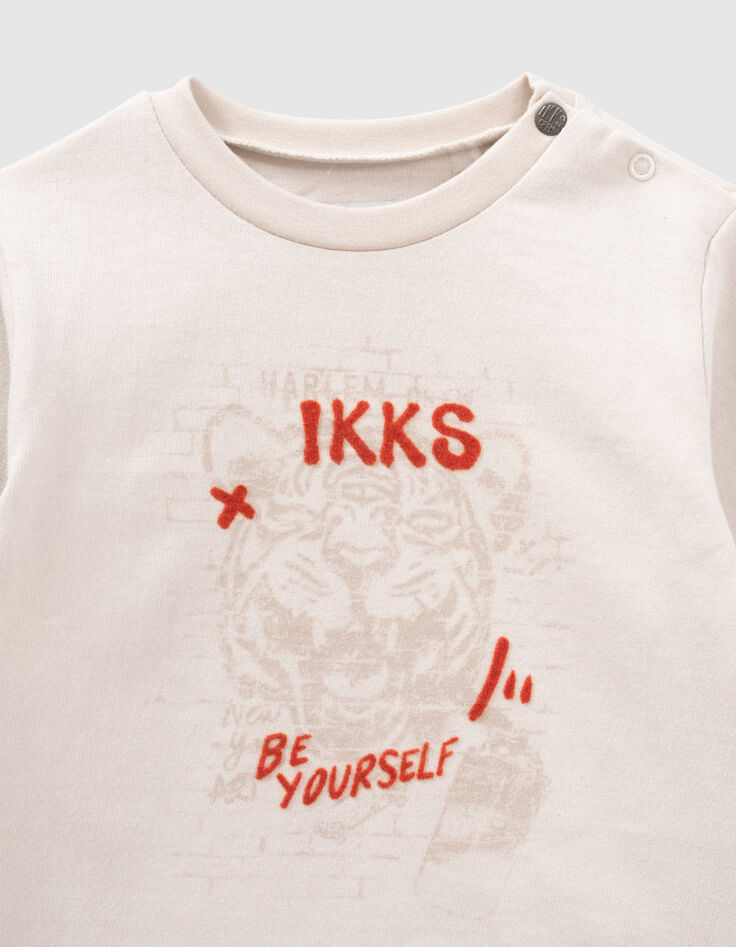 T-shirt beige coton bio visuel tigre et typo floquée bébé garçon-2