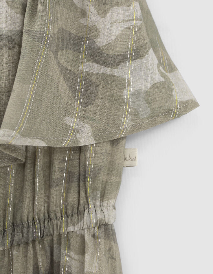 Vestido caqui camuflaje y rayas doradas niña-6