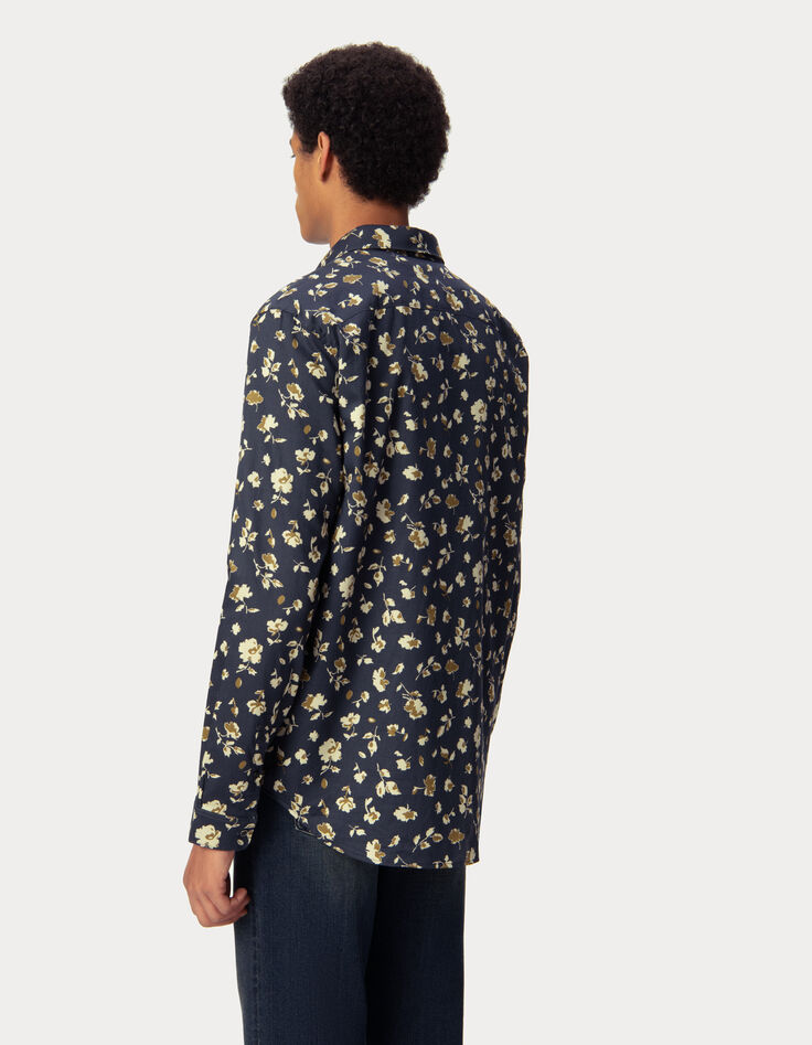 Marineblaues SLIM-Herrenhemd beiger Blumenprint-3 Marineblaues SLIM-Herrenhemd beiger Blumenprint-3