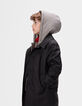 Boys’ black trench coat with check hood facing-3