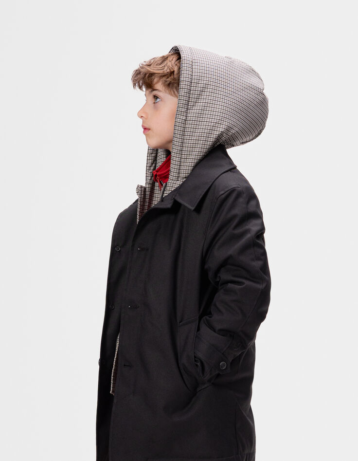 Boys’ black trench coat with check hood facing-3