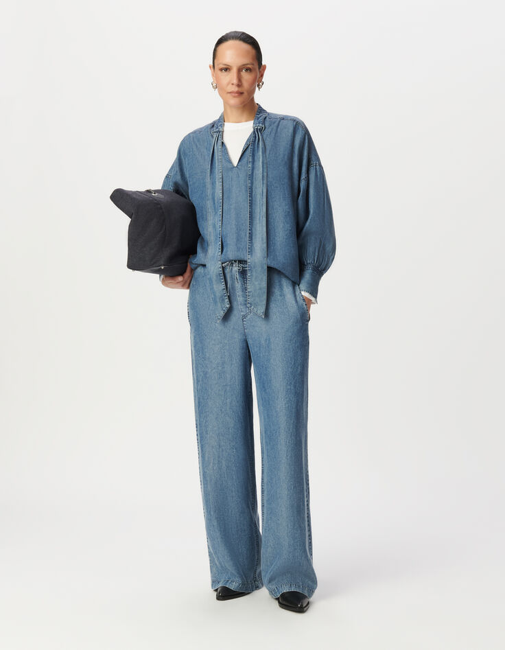 Blouse à lavallière bleue en Lyocell® fluide Femme-1
