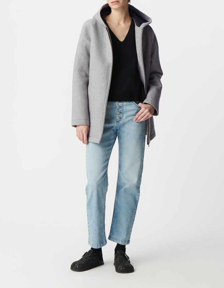 Manteau gris &agrave; capuche lainage esprit flanelle Femme-1
