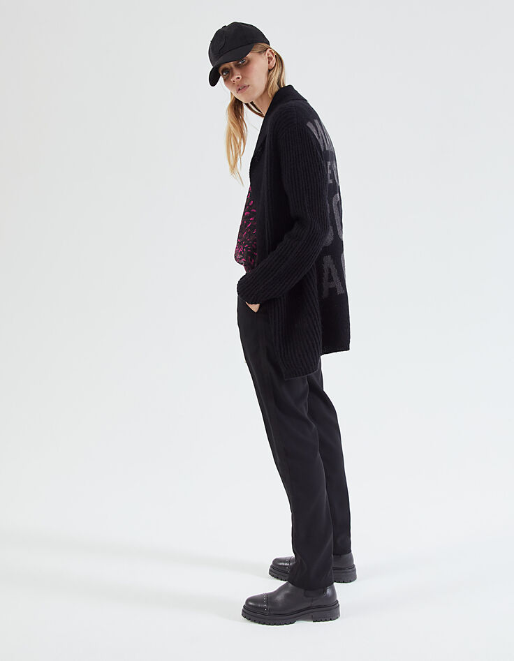 Cardigan noir mi-long broderie dos femme-1
