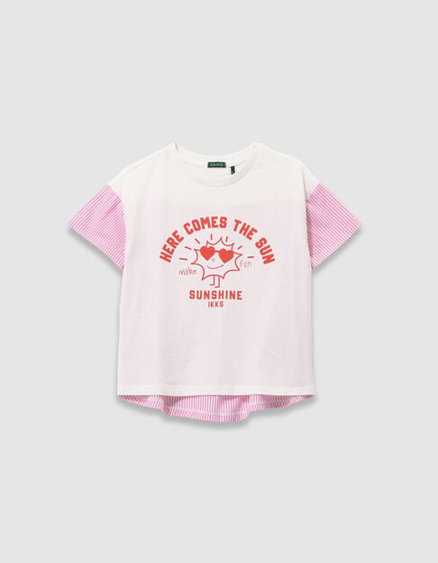 Camiseta blanca manga corta rayas rosa ni&ntilde;a - IKKS