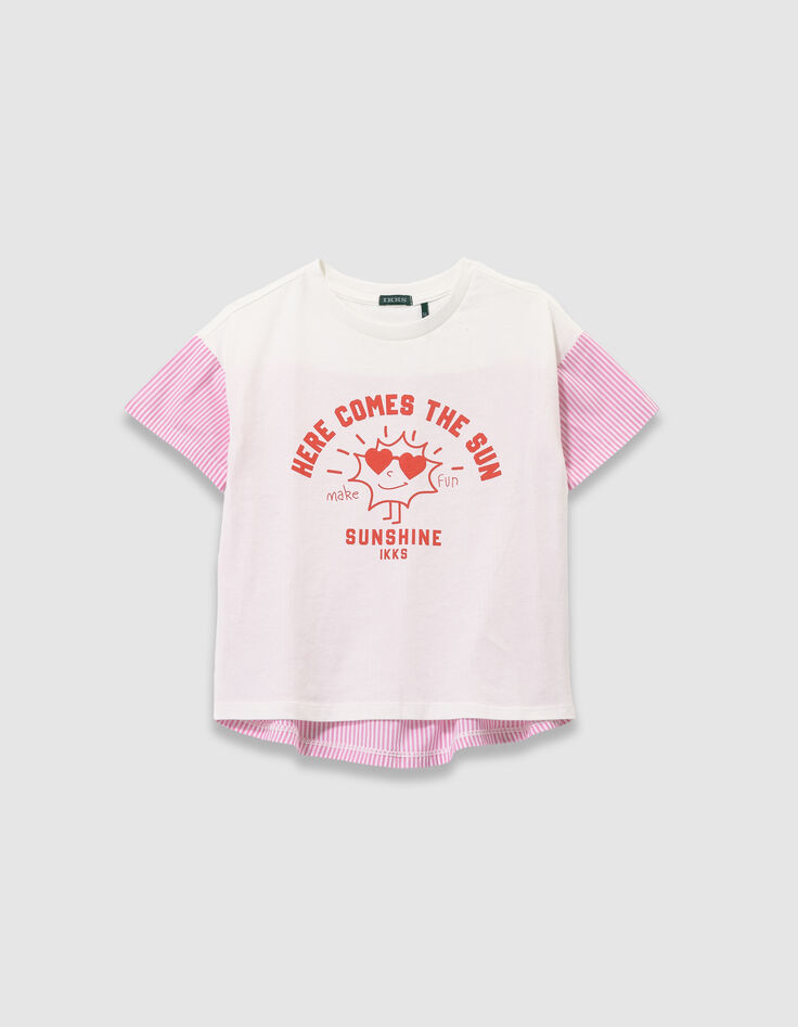 Girls’ white short-sleeved T-shirt with pink stripes-4