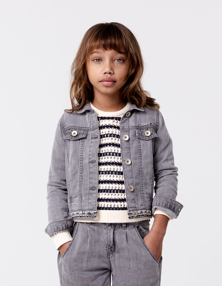 Veste en jean gris broderies ethniques fille-1