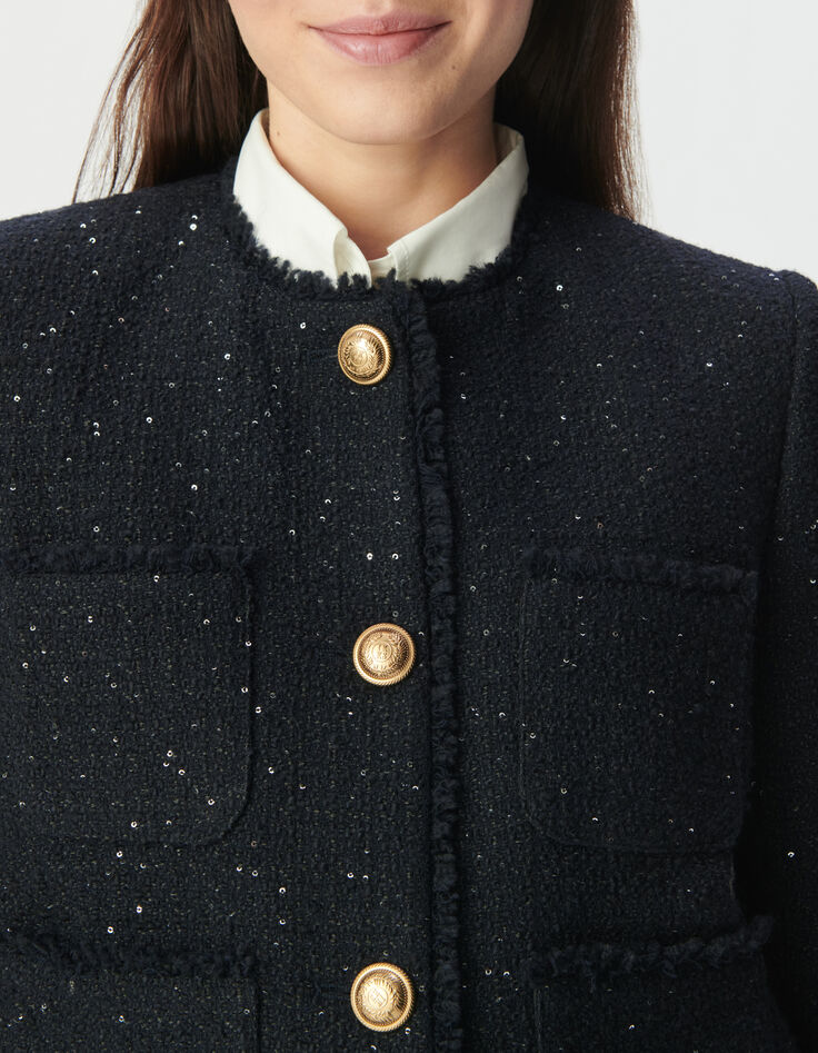 Marineblaue kurze Damenjacke Tweed-Effekt Paillettenstick-5