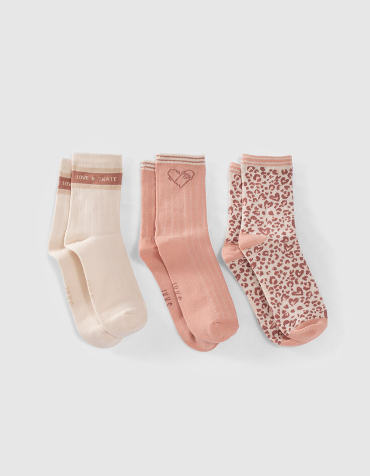 Girls&rsquo; pink, ecru, brown socks-2
